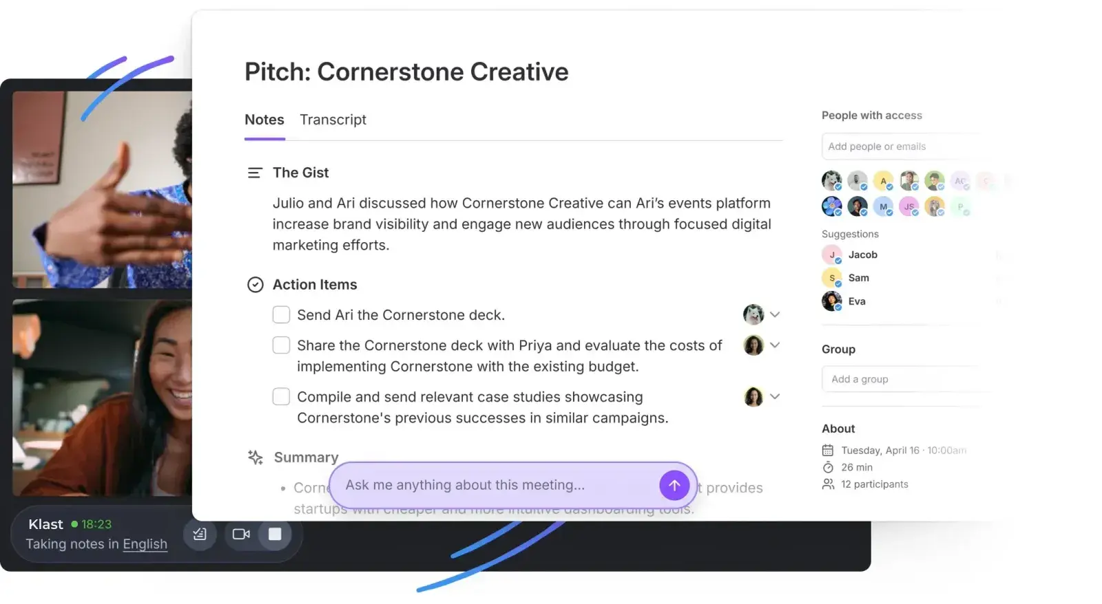 Meeting notes and Klast Chrome Extension taking notes during a meeting.